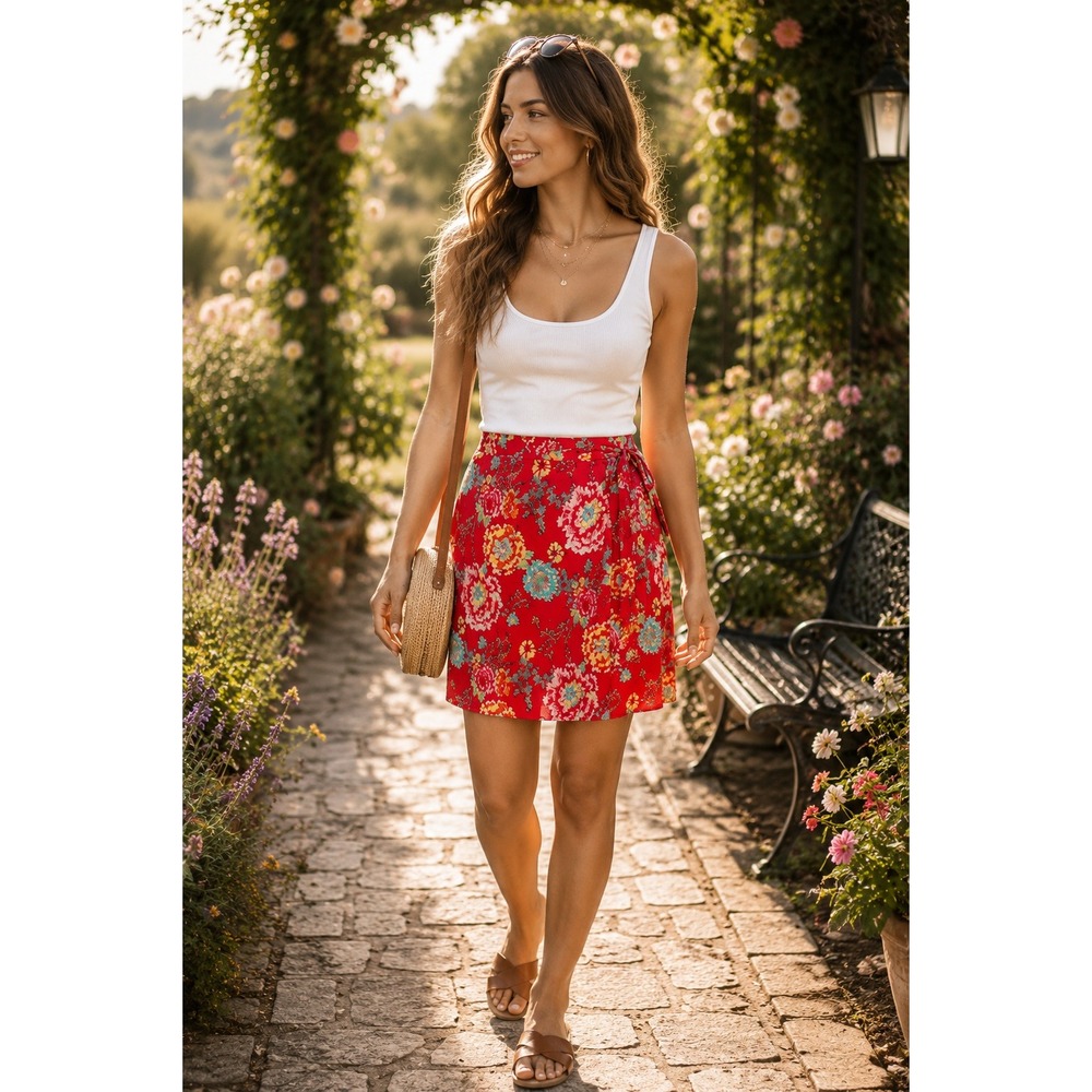 Split Getaway Floral Wrap Skirt Red Cotton Spandex Y2K Boho Size 5 SP2003